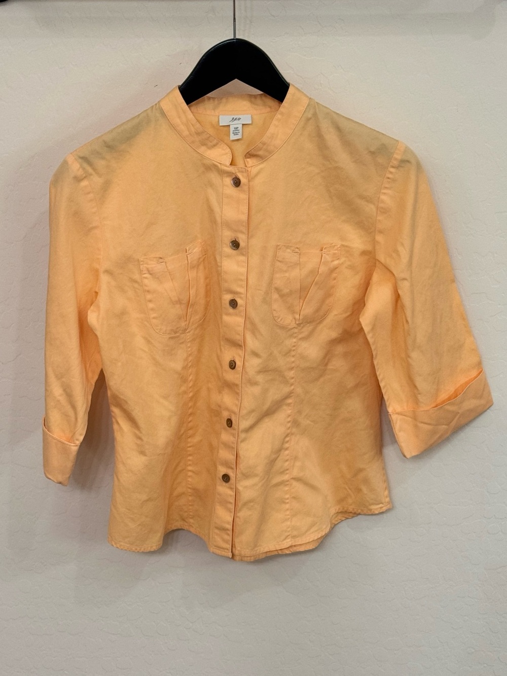 J. Jill Peach Tangerine Button Down Blouse Mandarin Collar 3/4 Sleeve Petite Sm